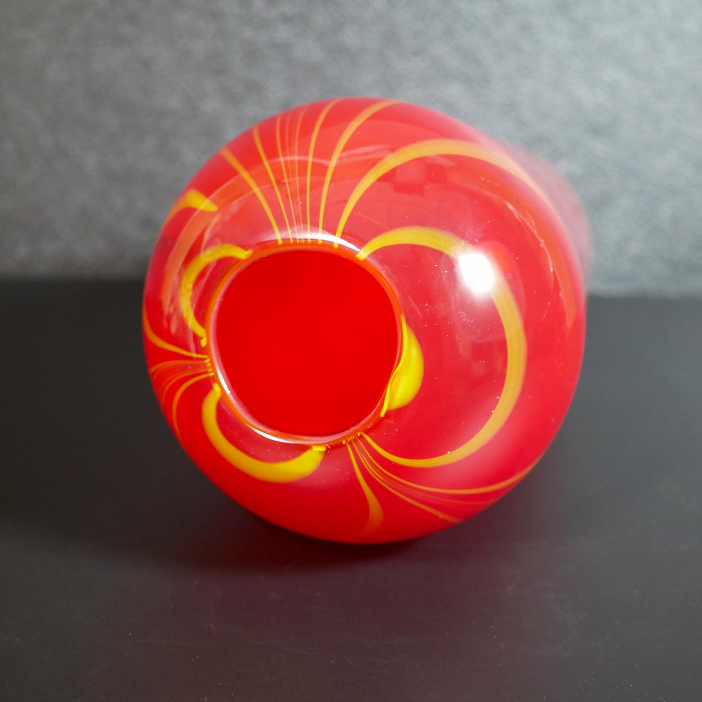 Vintage Red and Yellow Pulled Feather Hand-blown Art Glass Vase - 9.25" Tall