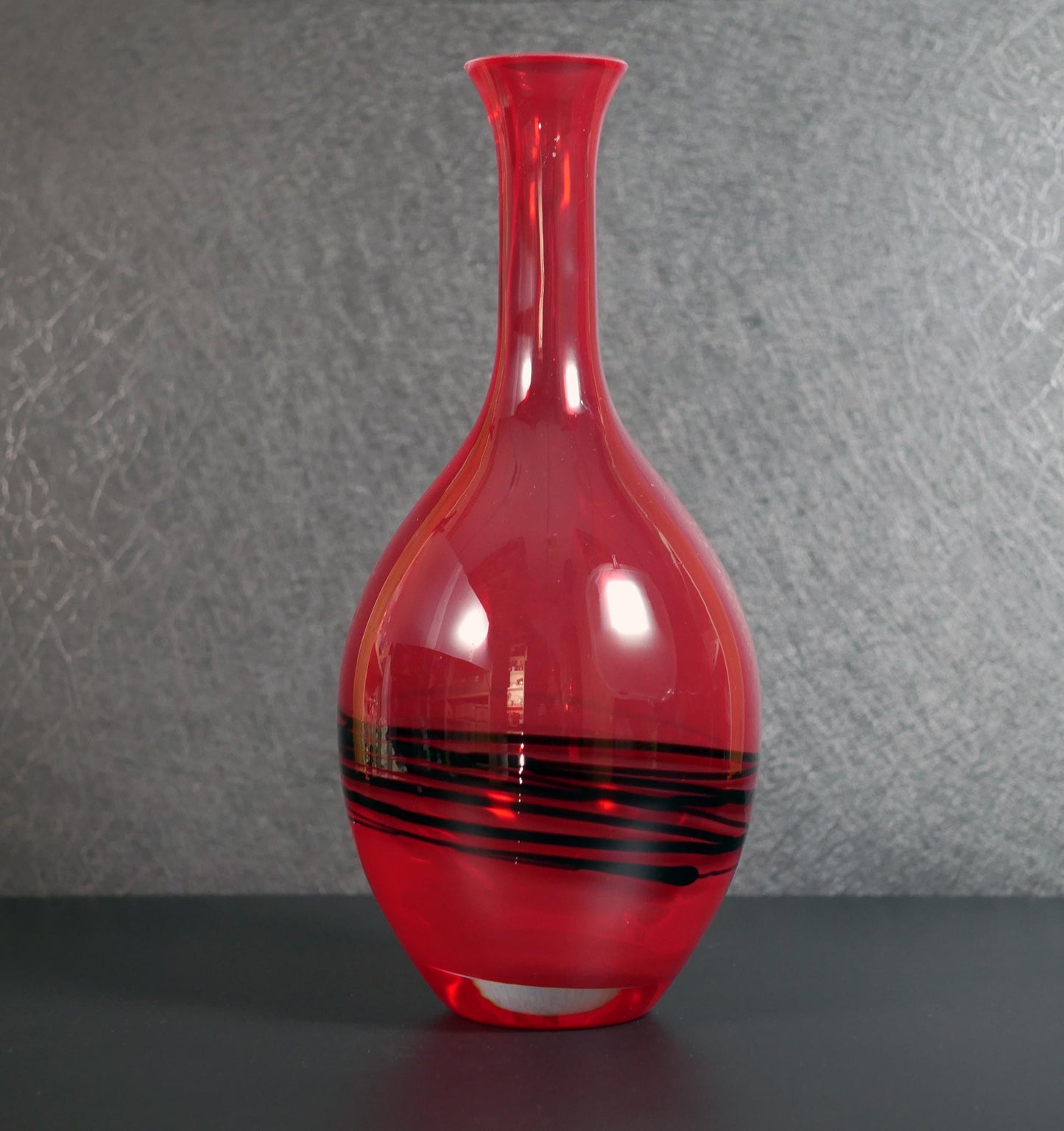 Vintage Mid-Century Modern Studio Art Glass Red and Black Vase - 9.25" Tall