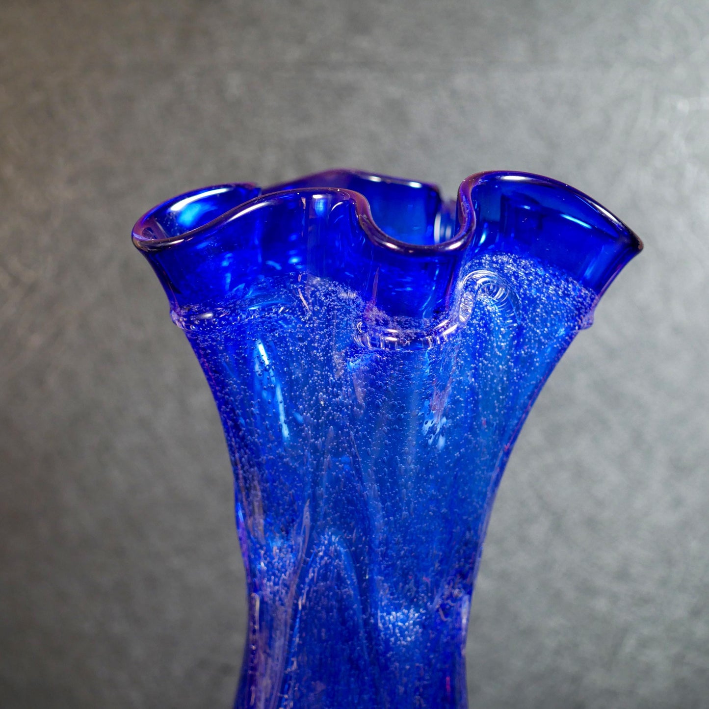 Vintage Hand-Blown Cobalt Blue Ruffled Rim Art Glass Vase  - 13" Tall