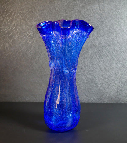 Vintage Hand-Blown Cobalt Blue Ruffled Rim Art Glass Vase  - 13" Tall