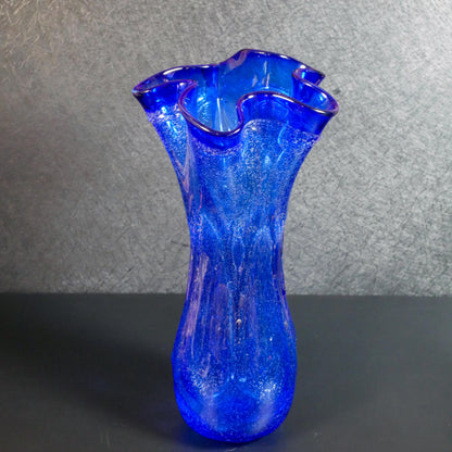 Vintage Hand-Blown Cobalt Blue Ruffled Rim Art Glass Vase  - 13" Tall