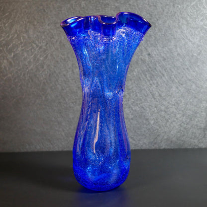 Vintage Hand-Blown Cobalt Blue Ruffled Rim Art Glass Vase  - 13" Tall