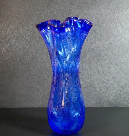 Vintage Hand-Blown Cobalt Blue Ruffled Rim Art Glass Vase  - 13" Tall