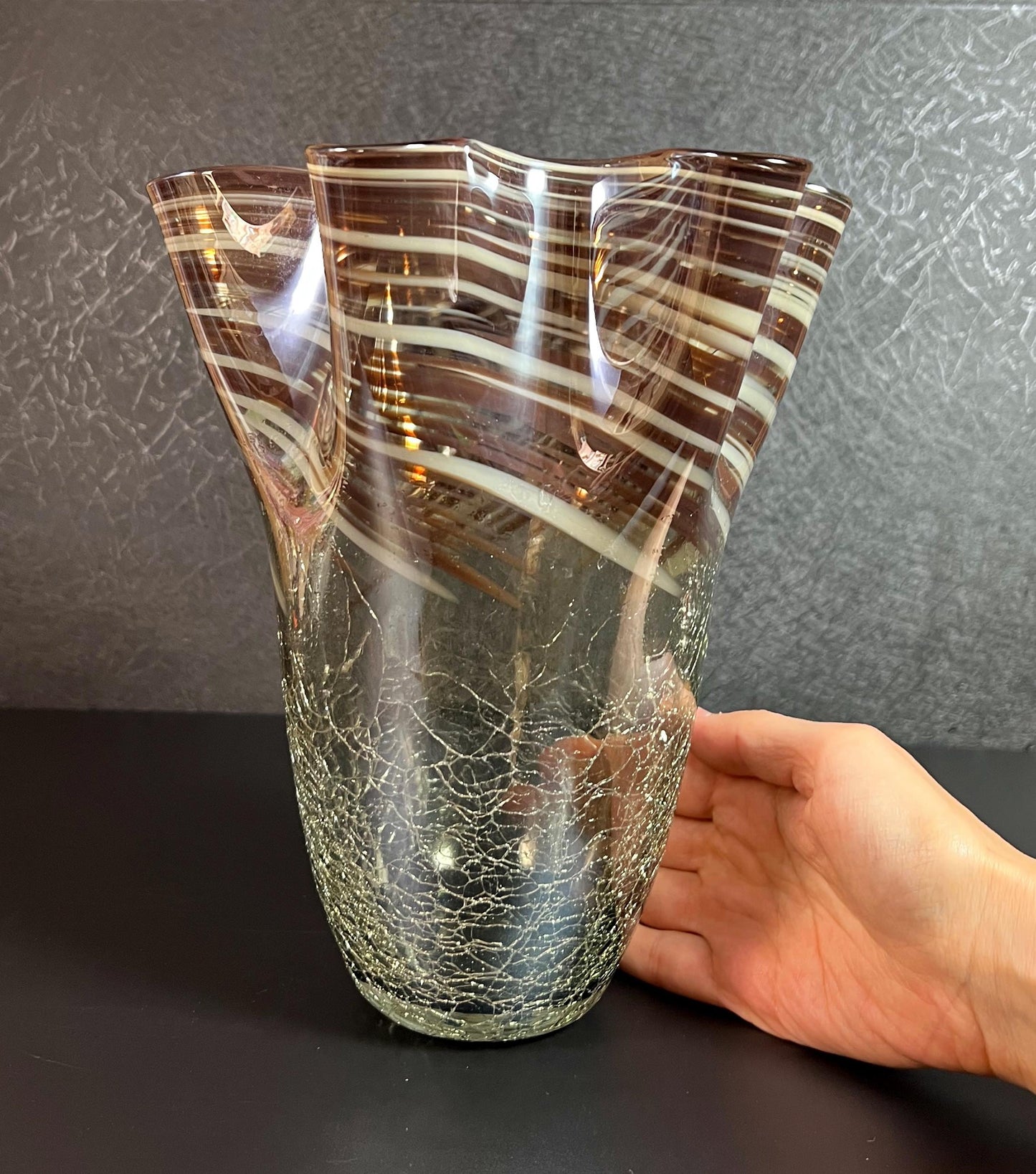 Vintage Large Hand-Blown Art Ruffled Rim Crackle Glass Vase  - 13" Tall