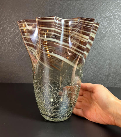 Vintage Large Hand-Blown Art Ruffled Rim Crackle Glass Vase  - 13" Tall