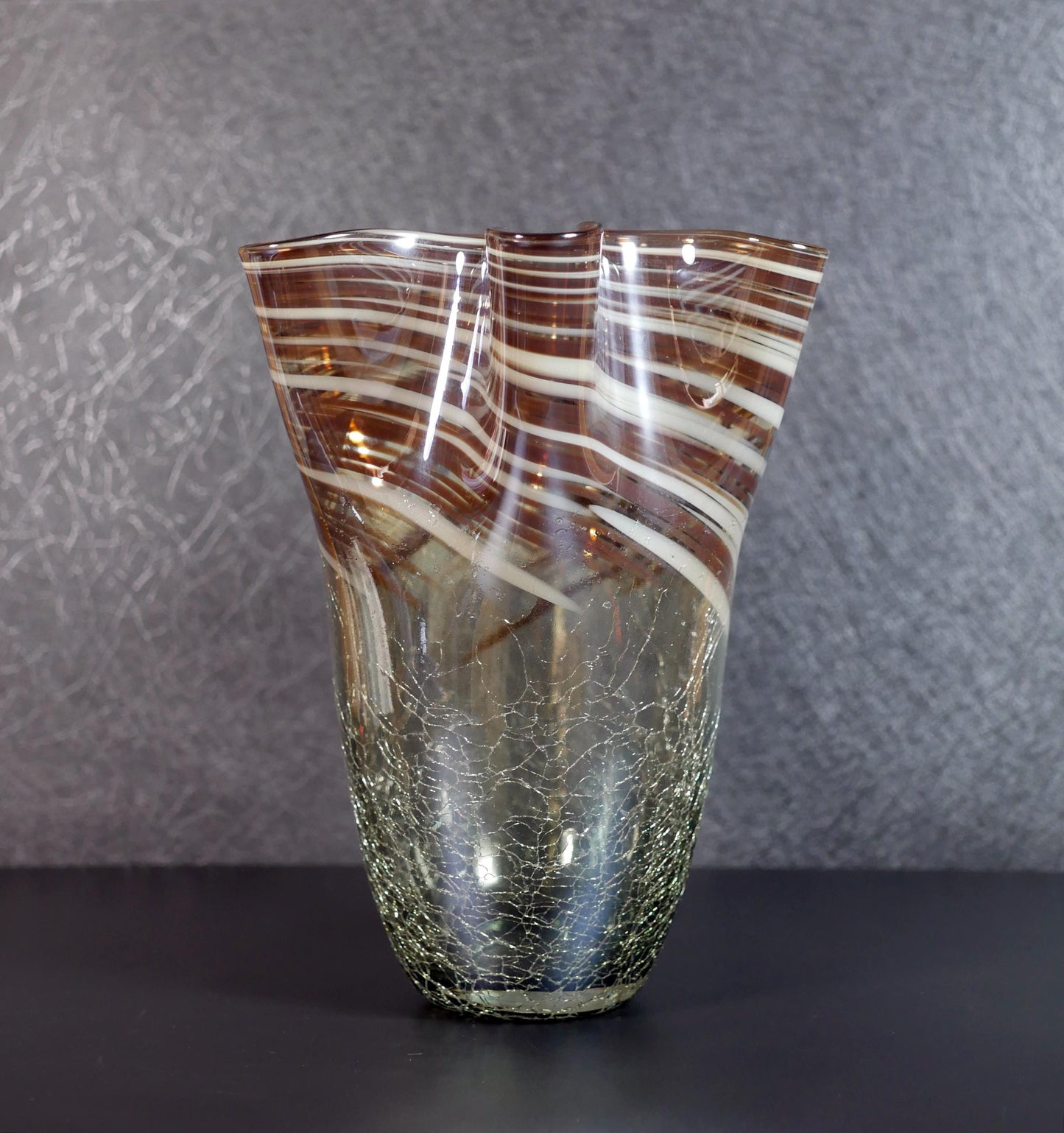 Vintage Large Hand-Blown Art Ruffled Rim Crackle Glass Vase  - 13" Tall