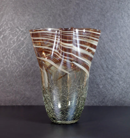 Vintage Large Hand-Blown Art Ruffled Rim Crackle Glass Vase  - 13" Tall