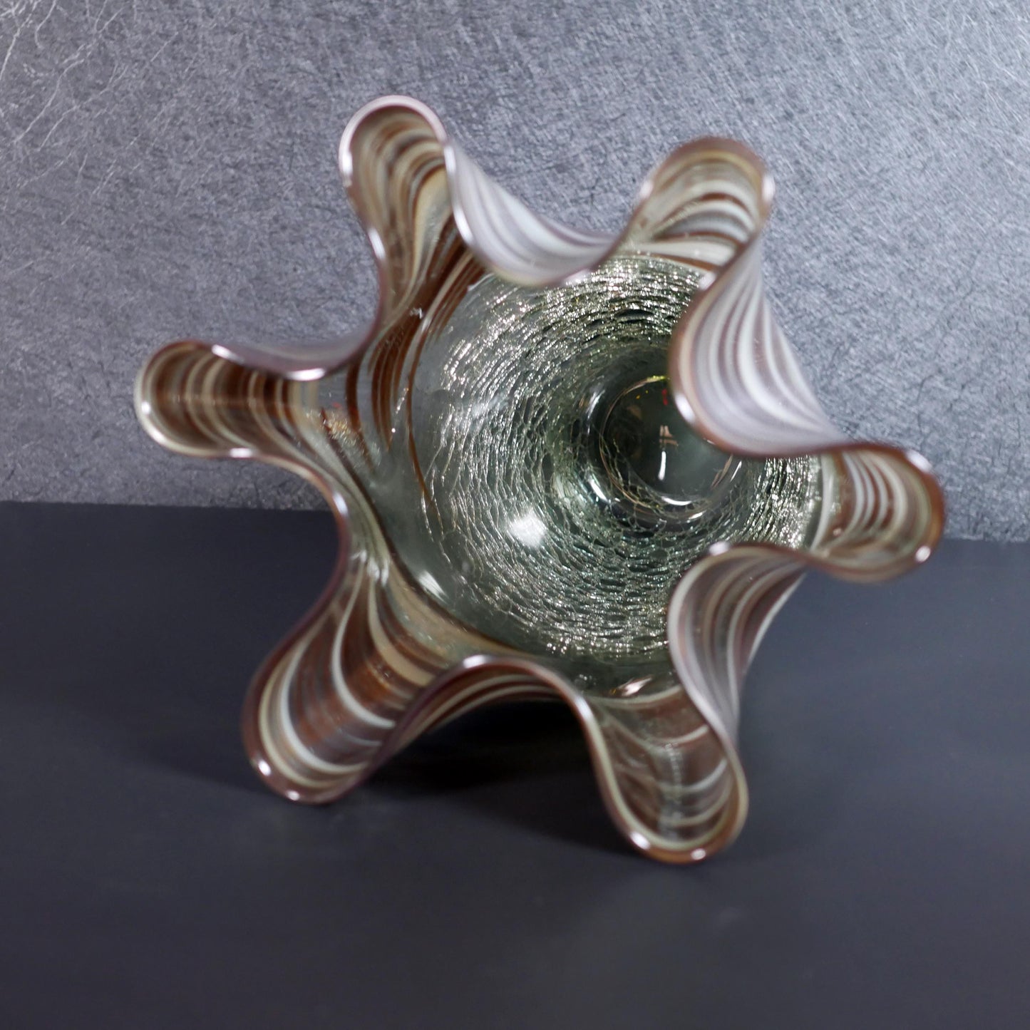 Vintage Large Hand-Blown Art Ruffled Rim Crackle Glass Vase  - 13" Tall