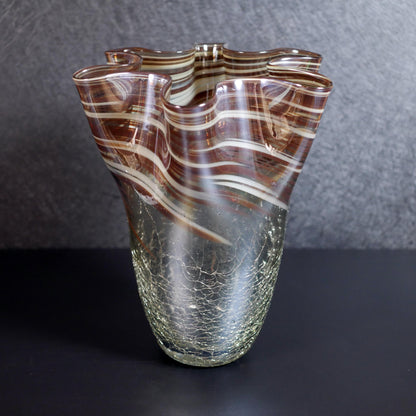 Vintage Large Hand-Blown Art Ruffled Rim Crackle Glass Vase  - 13" Tall