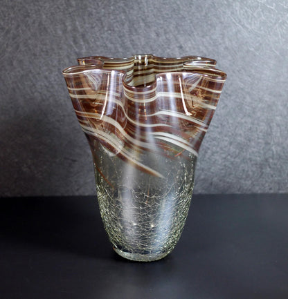 Vintage Large Hand-Blown Art Ruffled Rim Crackle Glass Vase  - 13" Tall