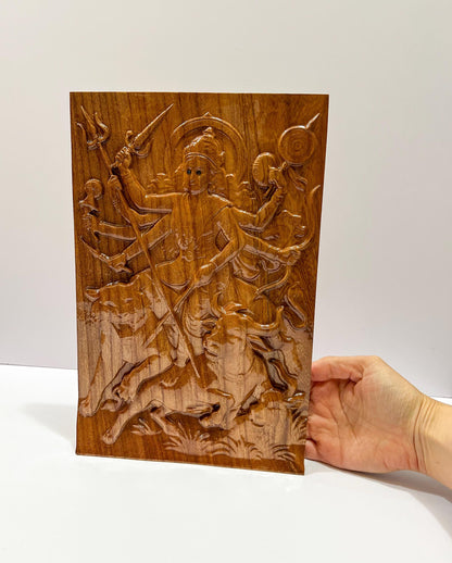 12" Tall Durga Maa Mahishasura Carving Relief Wall Plaque | Hindu Warrior Goddess