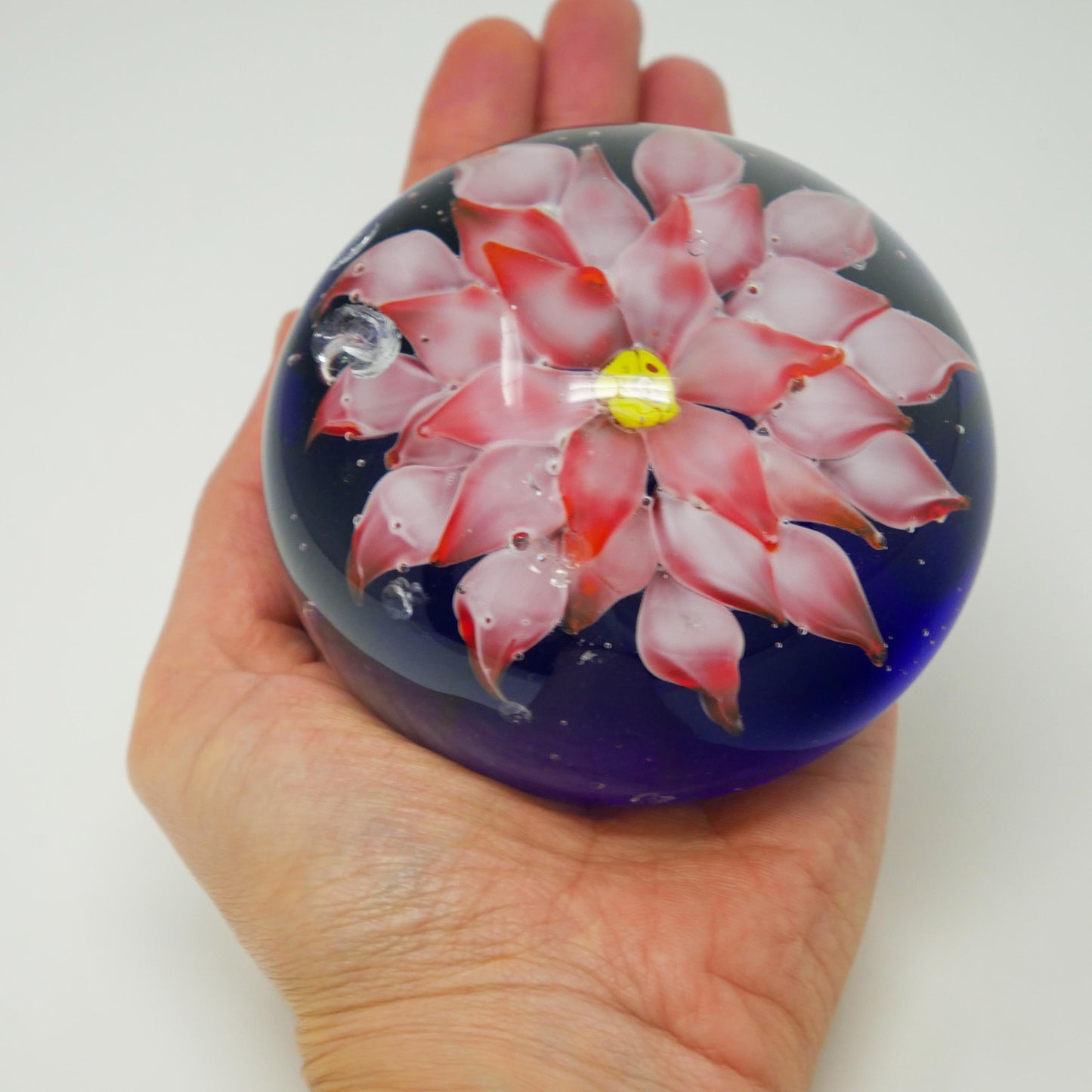 Vintage Art Glass Paperweight Pink Lotus Flower Cobalt Blue Controlled Bubble