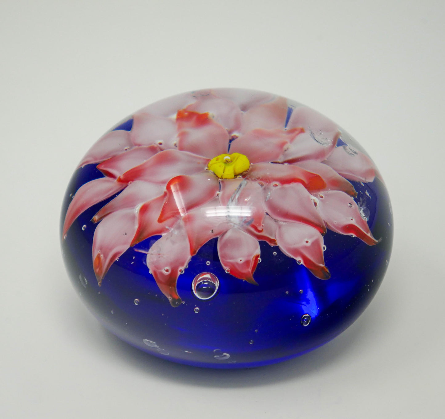 Vintage Art Glass Paperweight Pink Lotus Flower Cobalt Blue Controlled Bubble