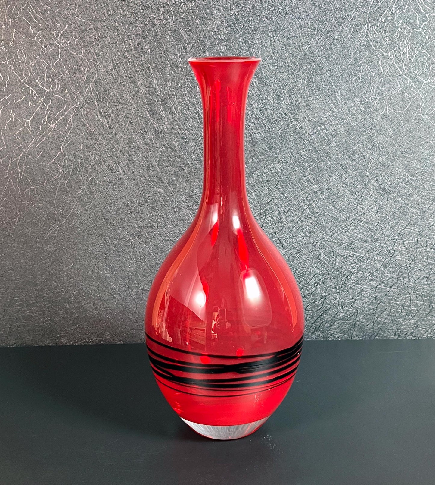 Vintage Mid-Century Modern Studio Art Glass Red and Black Vase - 9.25" Tall