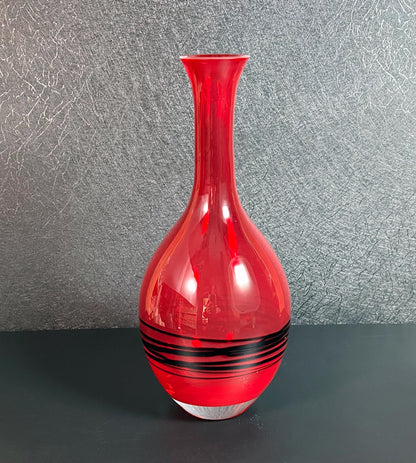 Vintage Mid-Century Modern Studio Art Glass Red and Black Vase - 9.25" Tall