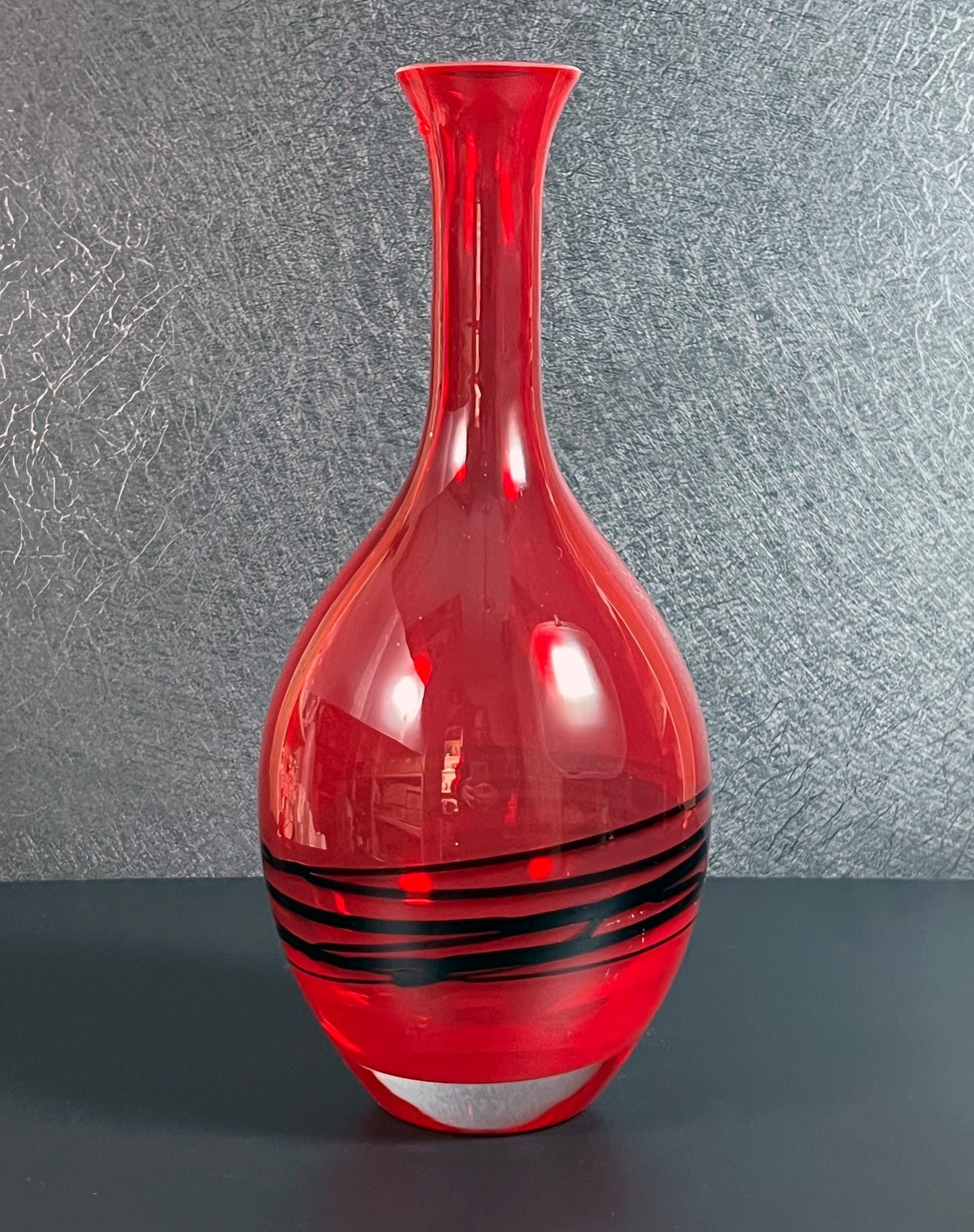 Vintage Mid-Century Modern Studio Art Glass Red and Black Vase - 9.25" Tall