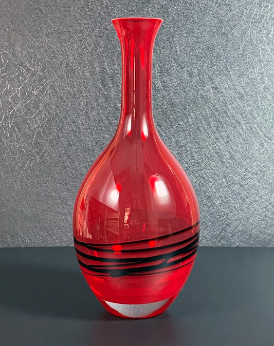 Vintage Mid-Century Modern Studio Art Glass Red and Black Vase - 9.25" Tall