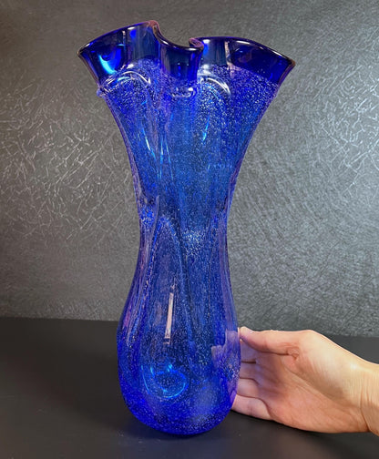 Vintage Hand-Blown Cobalt Blue Ruffled Rim Art Glass Vase  - 13" Tall