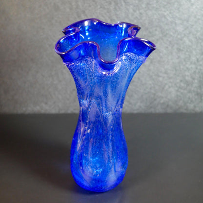 Vintage Hand-Blown Cobalt Blue Ruffled Rim Art Glass Vase  - 13" Tall