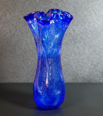 Vintage Hand-Blown Cobalt Blue Ruffled Rim Art Glass Vase  - 13" Tall
