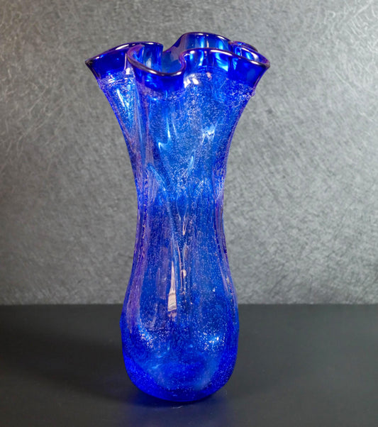 Vintage Hand-Blown Cobalt Blue Ruffled Rim Art Glass Vase  - 13" Tall