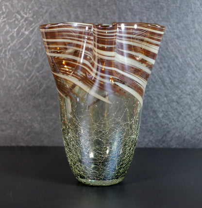 Vintage Large Hand-Blown Art Ruffled Rim Crackle Glass Vase  - 13" Tall
