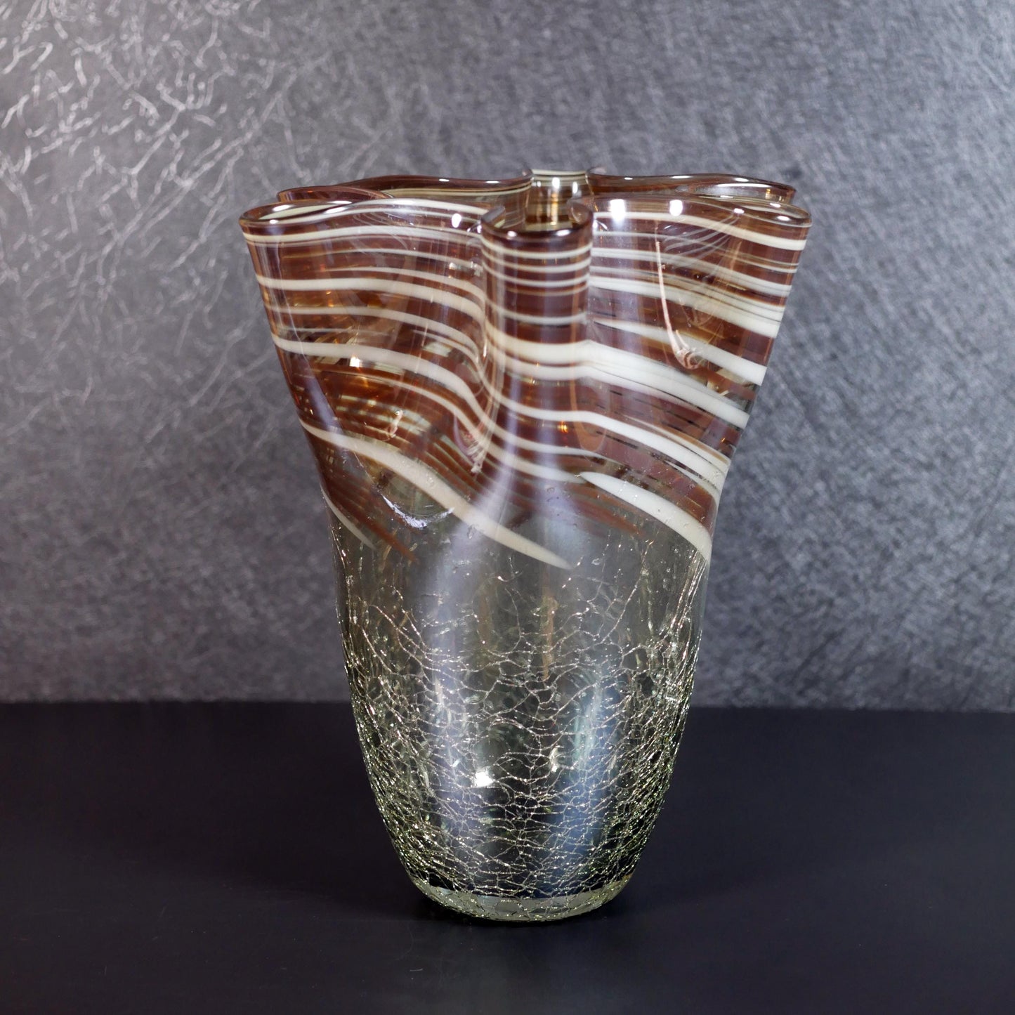 Vintage Large Hand-Blown Art Ruffled Rim Crackle Glass Vase  - 13" Tall