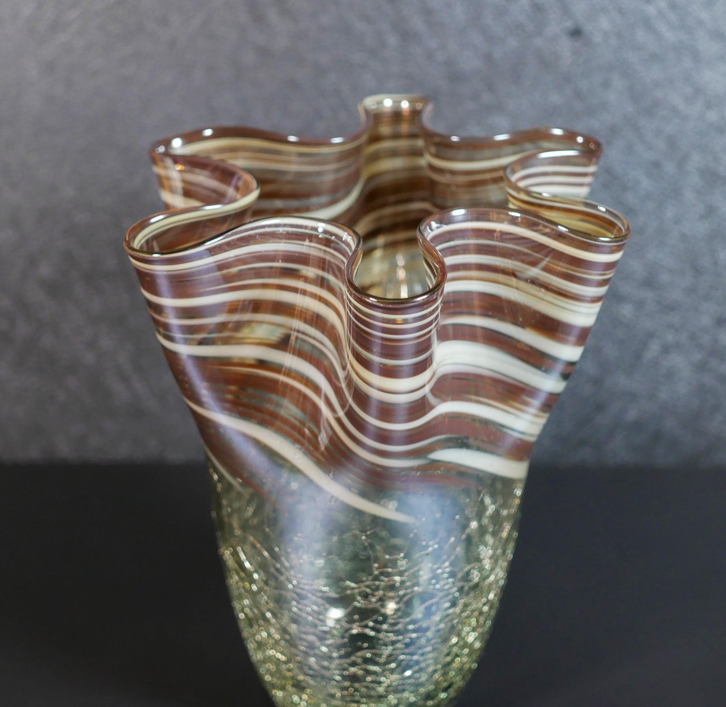 Vintage Large Hand-Blown Art Ruffled Rim Crackle Glass Vase  - 13" Tall