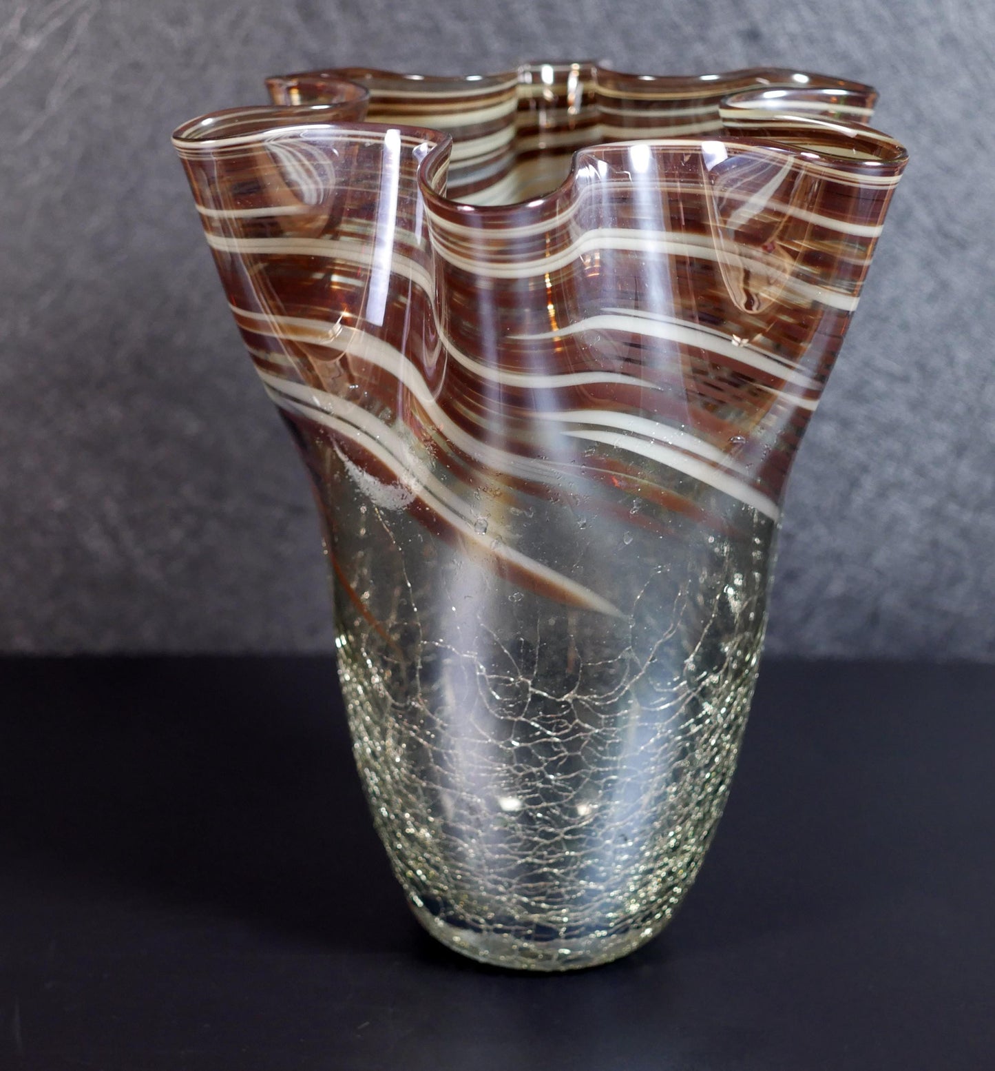 Vintage Large Hand-Blown Art Ruffled Rim Crackle Glass Vase  - 13" Tall