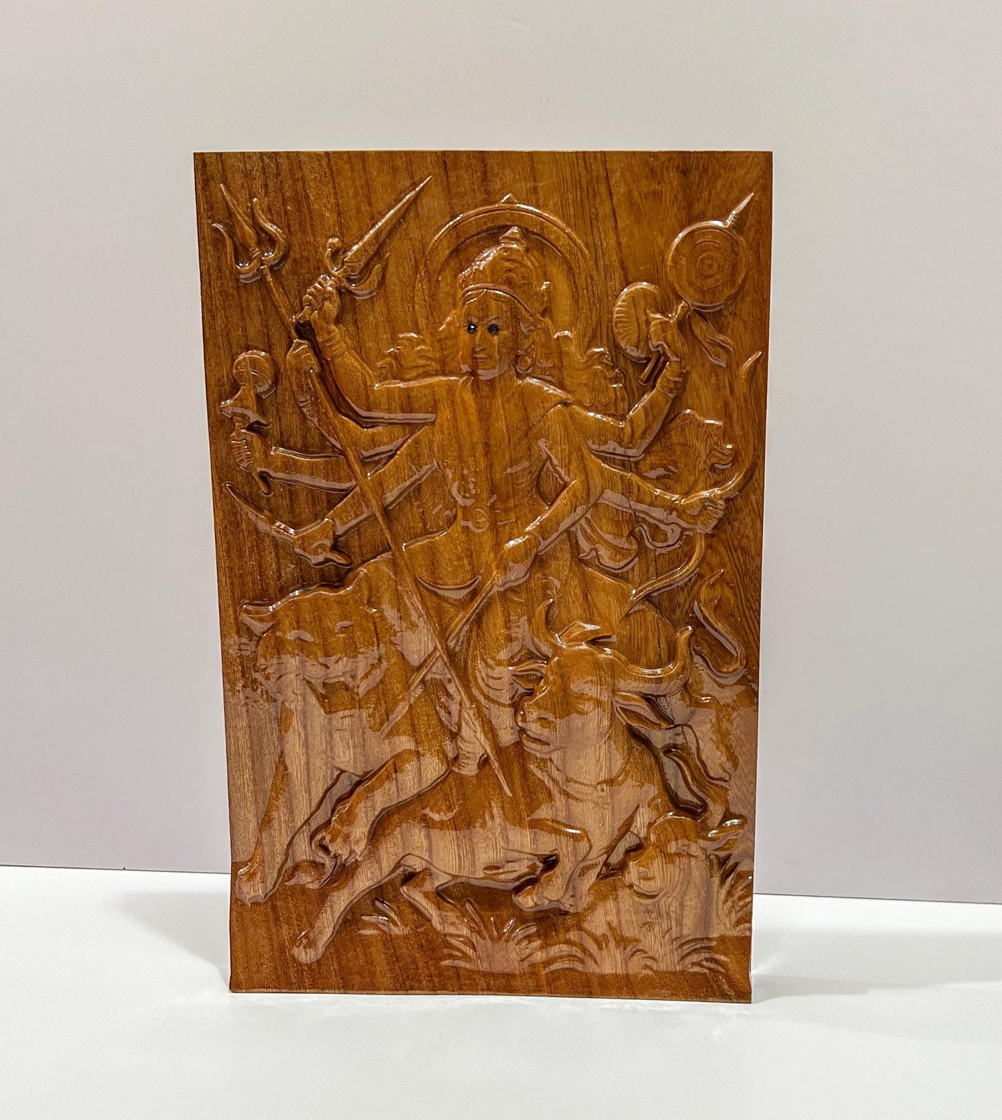 12" Tall Durga Maa Mahishasura Carving Relief Wall Plaque | Hindu Warrior Goddess
