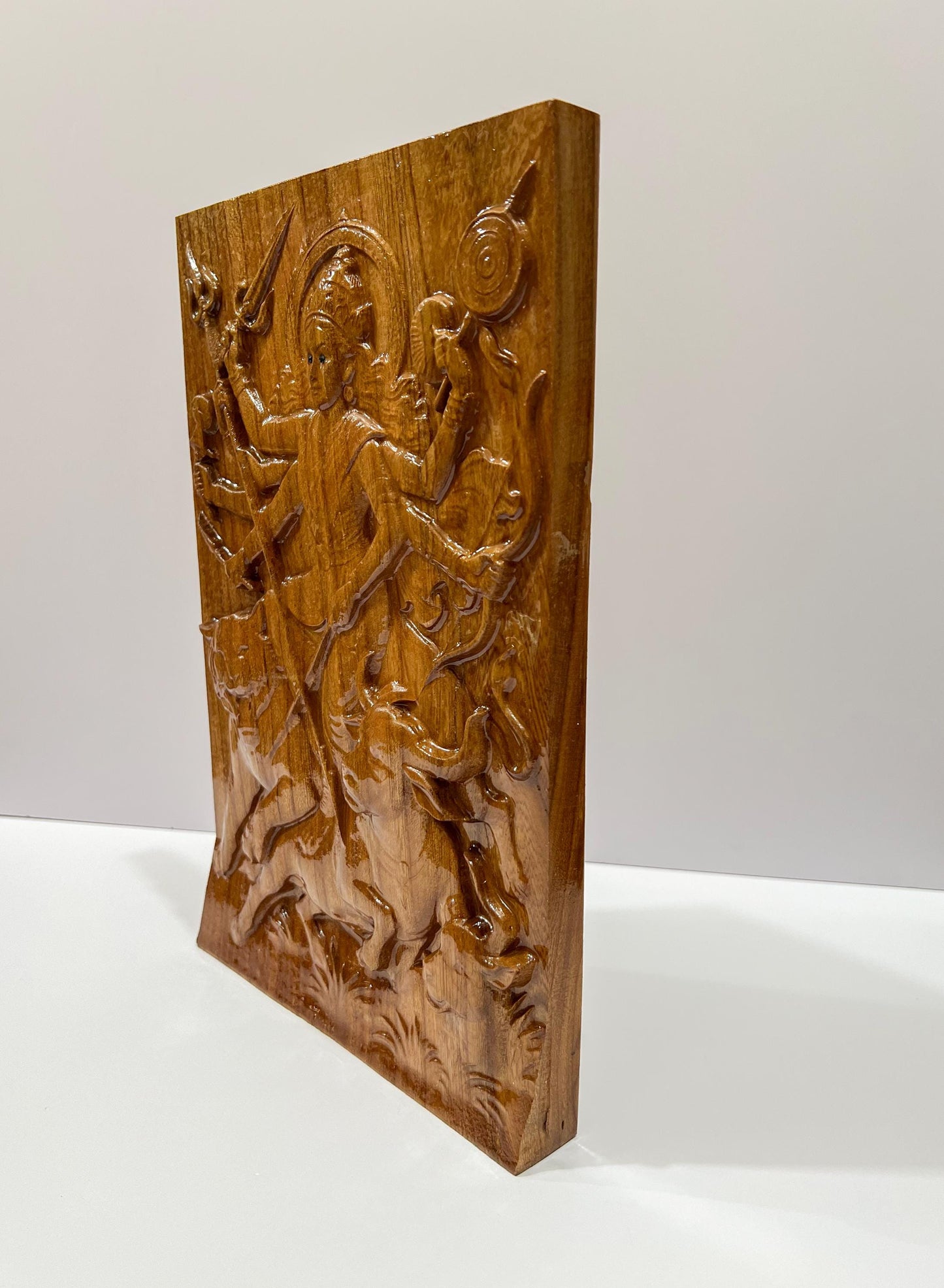 12" Tall Durga Maa Mahishasura Carving Relief Wall Plaque | Hindu Warrior Goddess