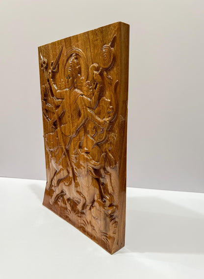 12" Tall Durga Maa Mahishasura Carving Relief Wall Plaque | Hindu Warrior Goddess