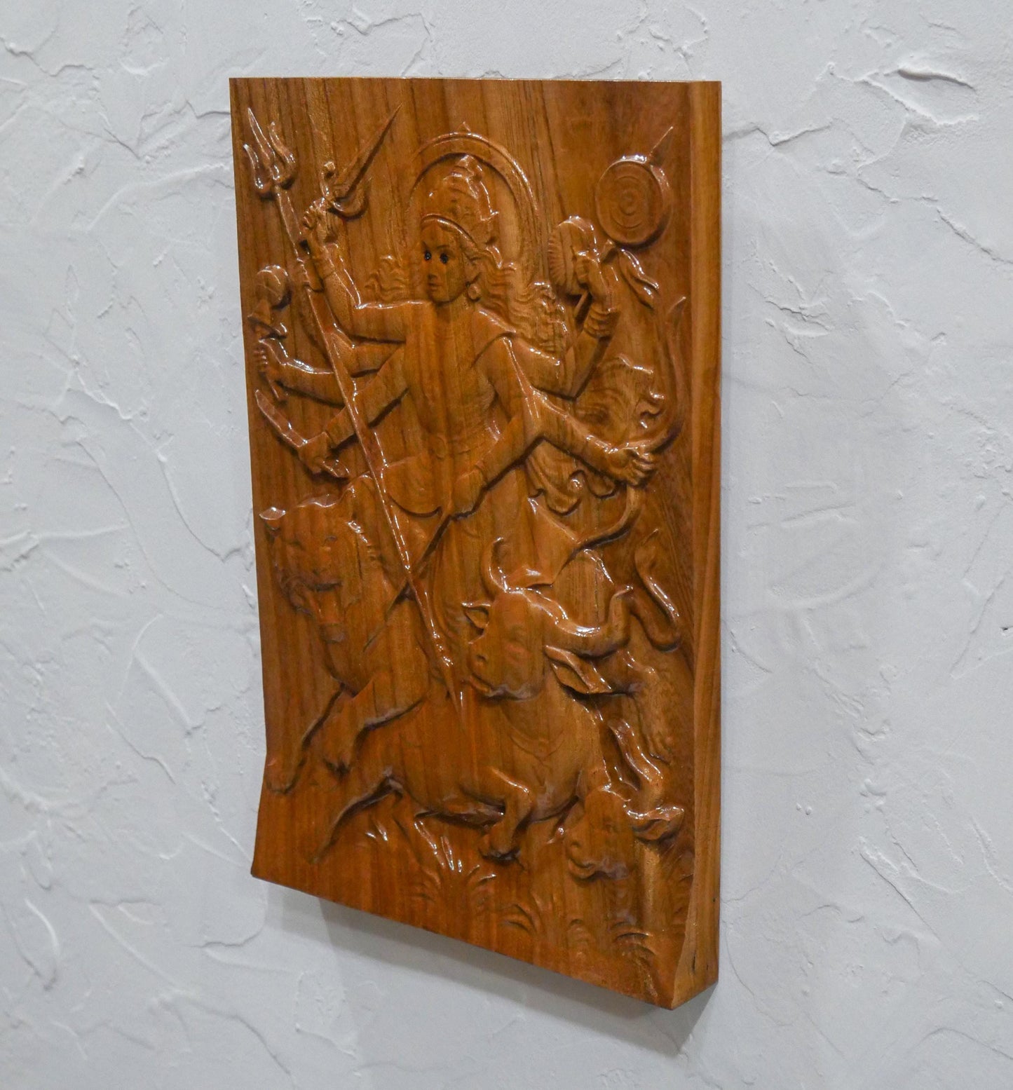 12" Tall Durga Maa Mahishasura Carving Relief Wall Plaque | Hindu Warrior Goddess