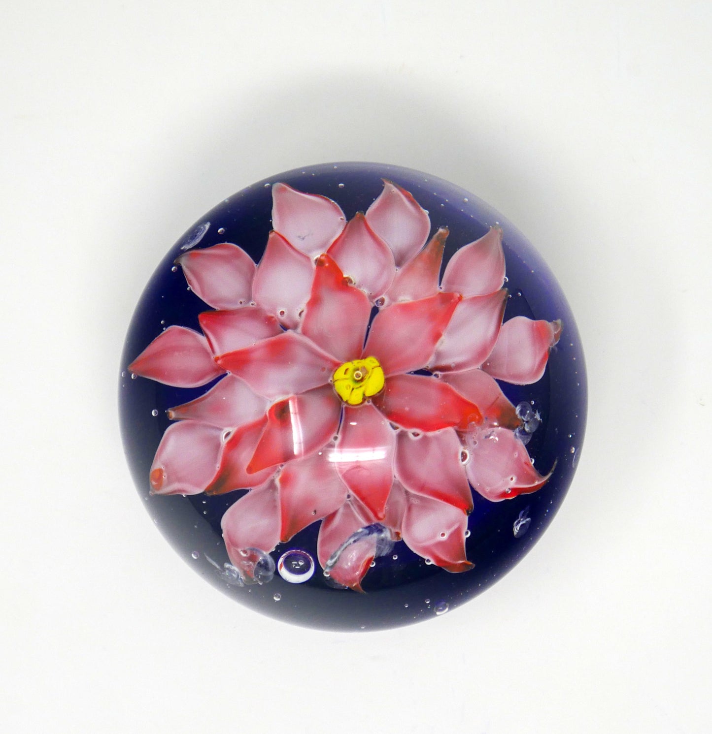 Vintage Art Glass Paperweight Pink Lotus Flower Cobalt Blue Controlled Bubble