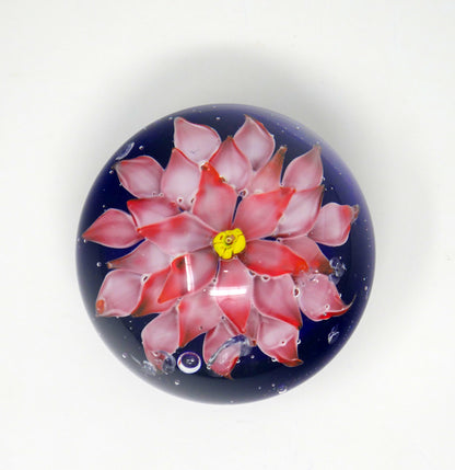 Vintage Art Glass Paperweight Pink Lotus Flower Cobalt Blue Controlled Bubble