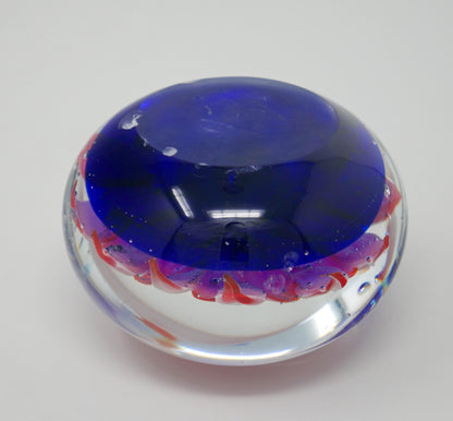 Vintage Art Glass Paperweight Pink Lotus Flower Cobalt Blue Controlled Bubble