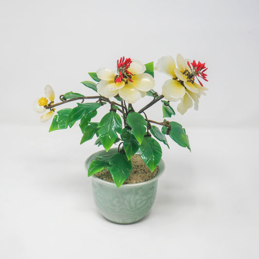 Vintage Chinese Jade Glass Bonsai Tree in Celadon Pot Floral Sculpture Decor