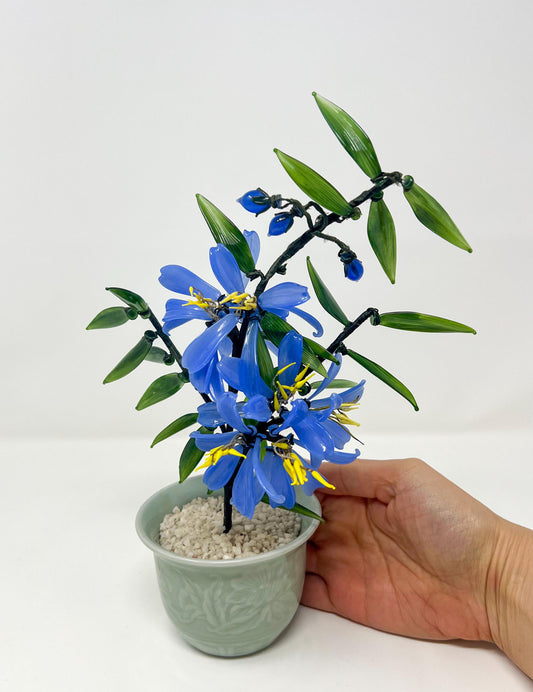 Vintage Chinese Glass Bonsai Tree in Celadon Pot Floral Sculpture Decor