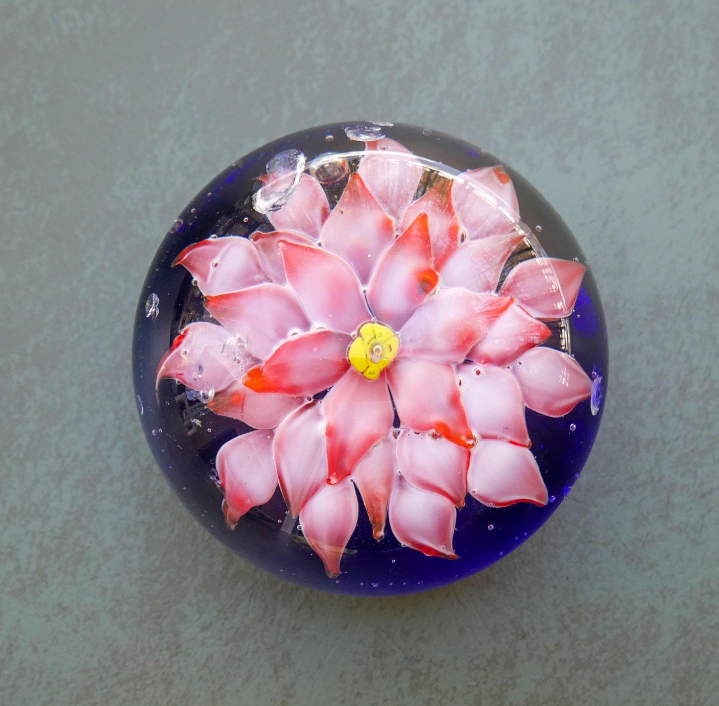 Vintage Art Glass Paperweight Pink Lotus Flower Cobalt Blue Controlled Bubble