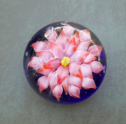 Vintage Art Glass Paperweight Pink Lotus Flower Cobalt Blue Controlled Bubble