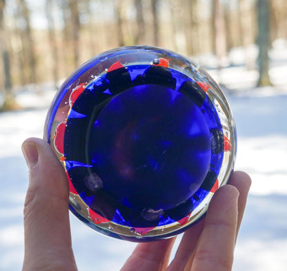 Vintage Art Glass Paperweight Pink Lotus Flower Cobalt Blue Controlled Bubble