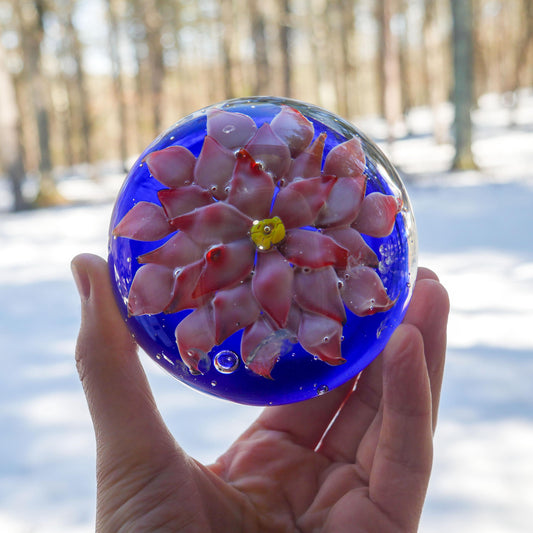 Vintage Art Glass Paperweight Pink Lotus Flower Cobalt Blue Controlled Bubble