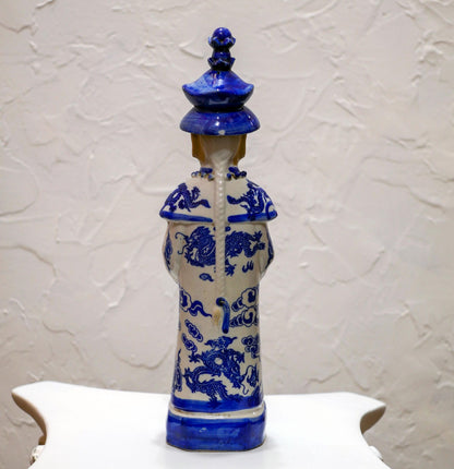 Vintage Chinese Blue and White Glazed Porcelain Qing Emperor Figurine Statue - 11.5" Tall