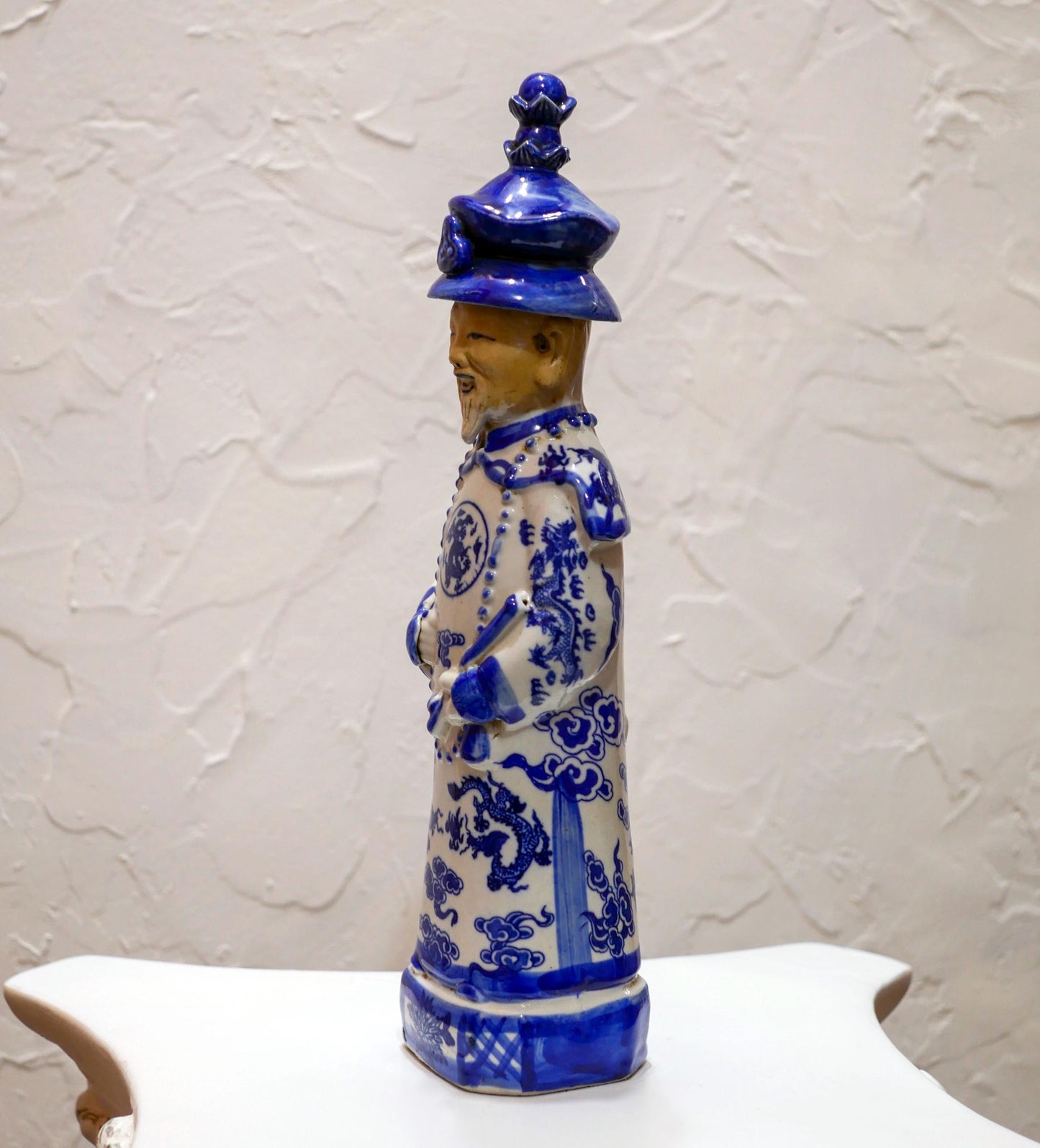 Vintage Chinese Blue and White Glazed Porcelain Qing Emperor Figurine Statue - 11.5" Tall