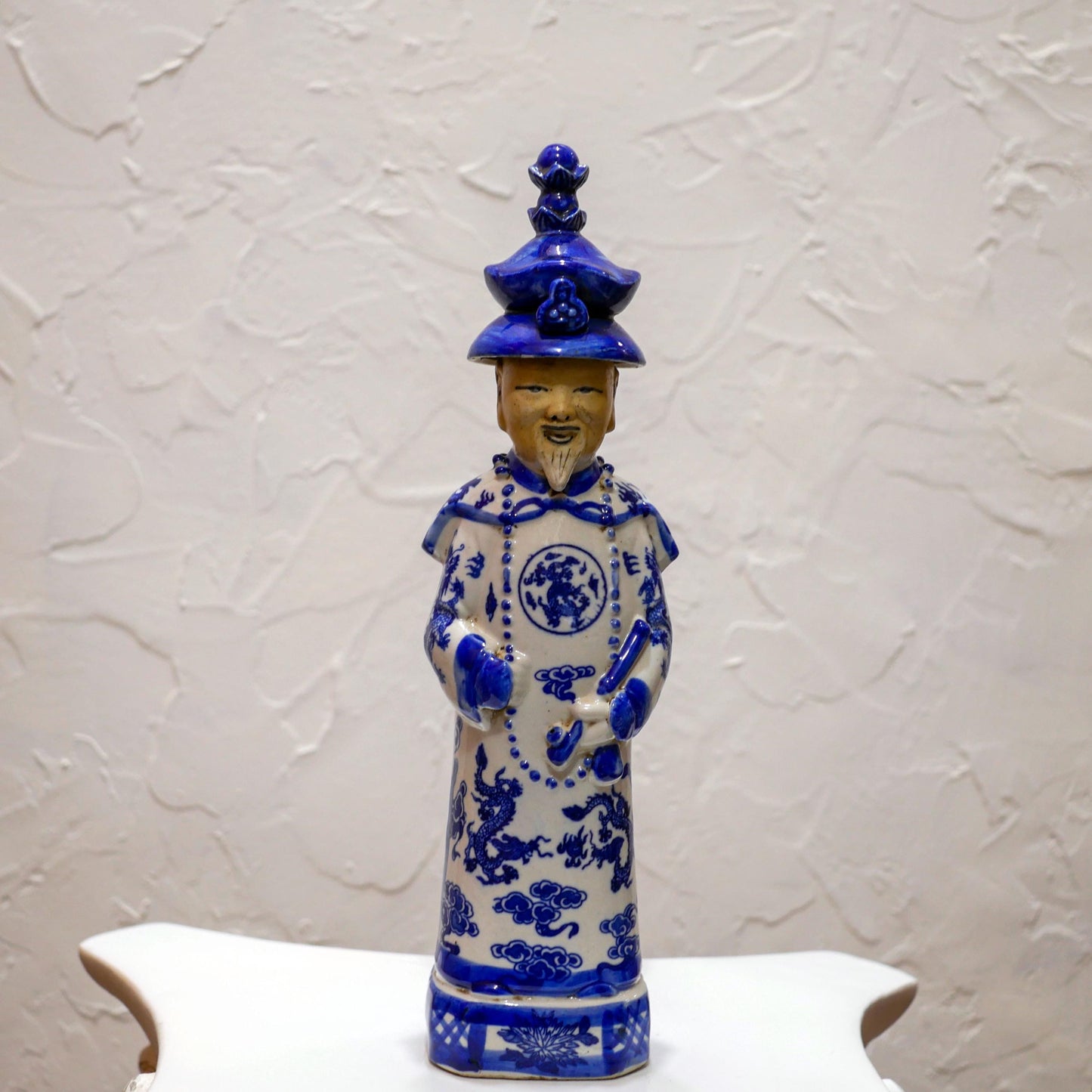 Vintage Chinese Blue and White Glazed Porcelain Qing Emperor Figurine Statue - 11.5" Tall