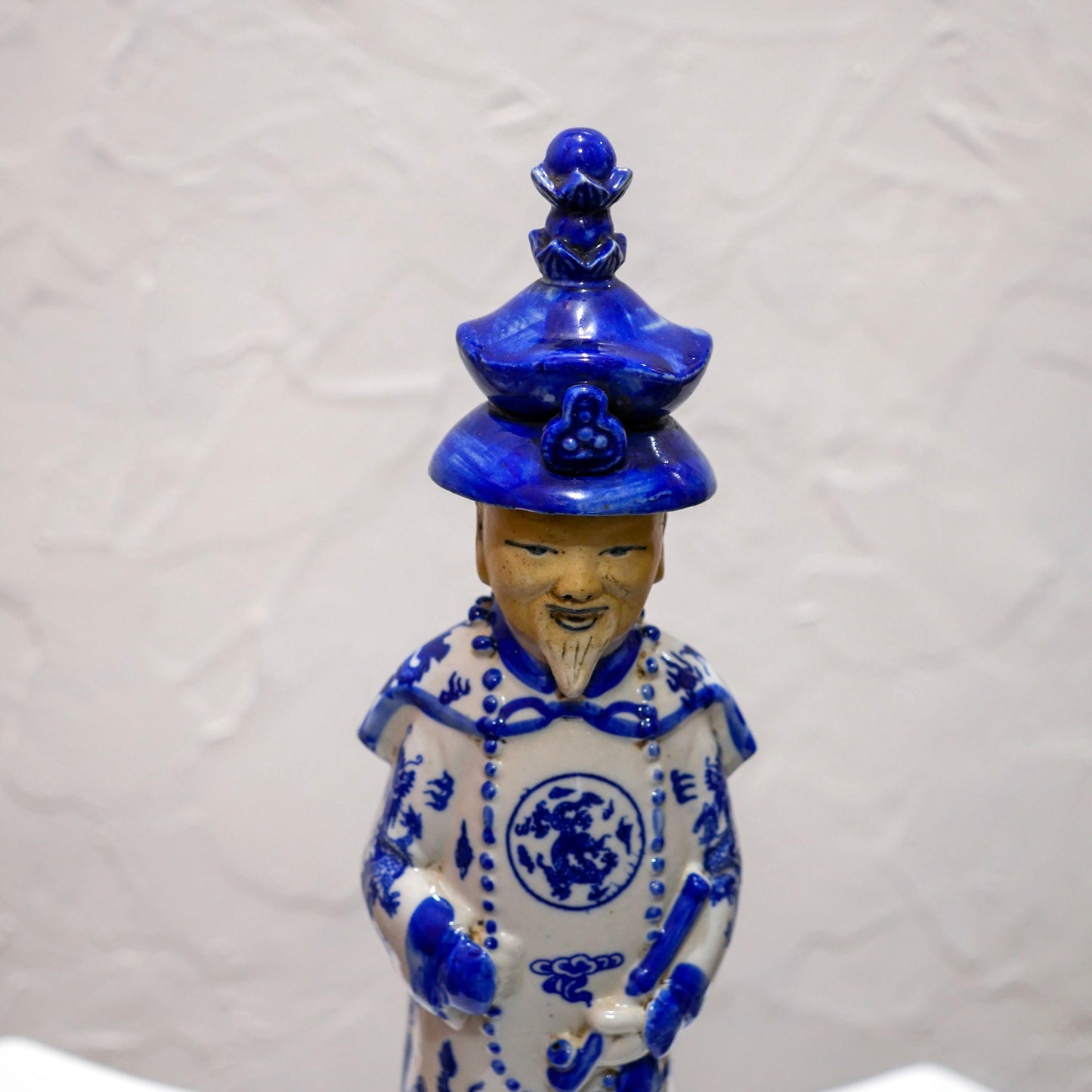 Vintage Chinese Blue and White Glazed Porcelain Qing Emperor Figurine Statue - 11.5" Tall