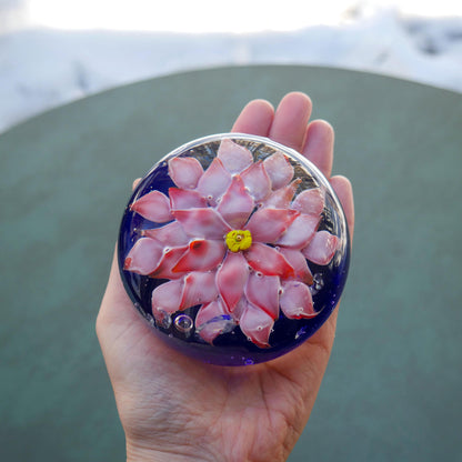 Vintage Art Glass Paperweight Pink Lotus Flower Cobalt Blue Controlled Bubble