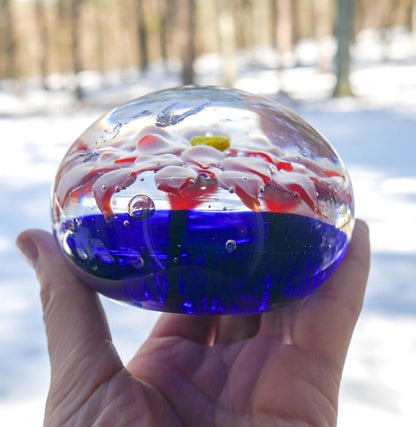 Vintage Art Glass Paperweight Pink Lotus Flower Cobalt Blue Controlled Bubble