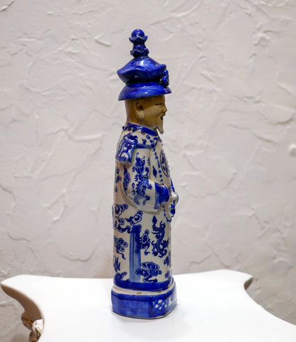 Vintage Chinese Blue and White Glazed Porcelain Qing Emperor Figurine Statue - 11.5" Tall