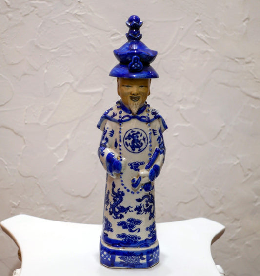 Vintage Chinese Blue and White Glazed Porcelain Qing Emperor Figurine Statue - 11.5" Tall